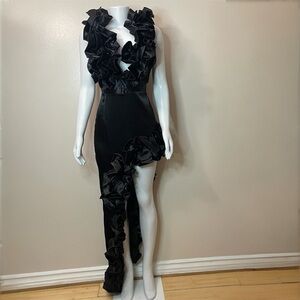 Black satin deep V-neck high low ruffle dress